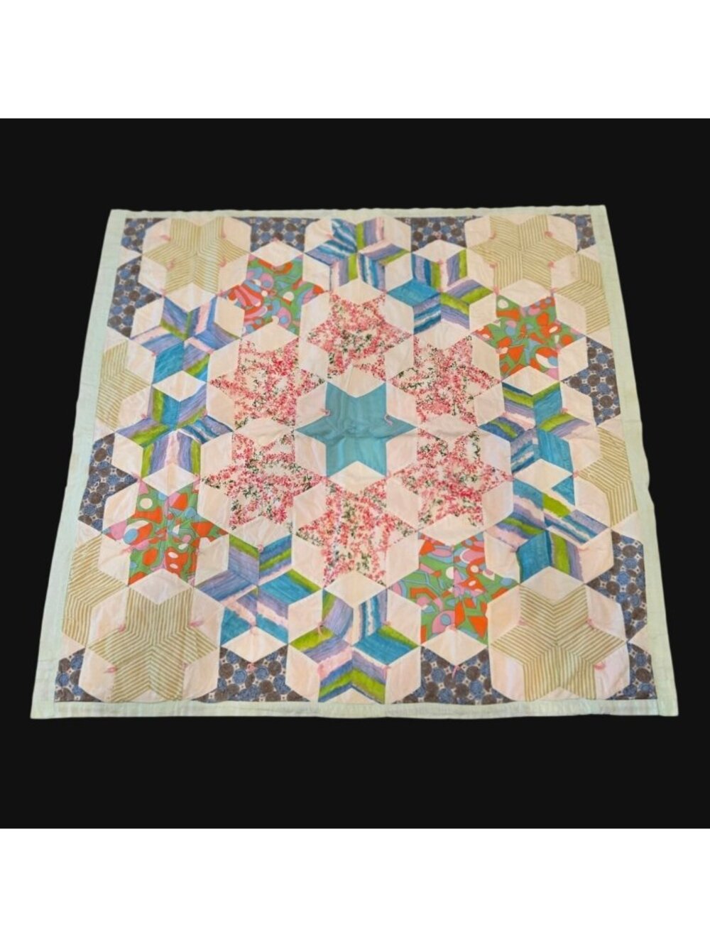 Handmade EPP Hexagon Star Patchwork Quilt Cotton Pastel Floral Crib Throw 38x40